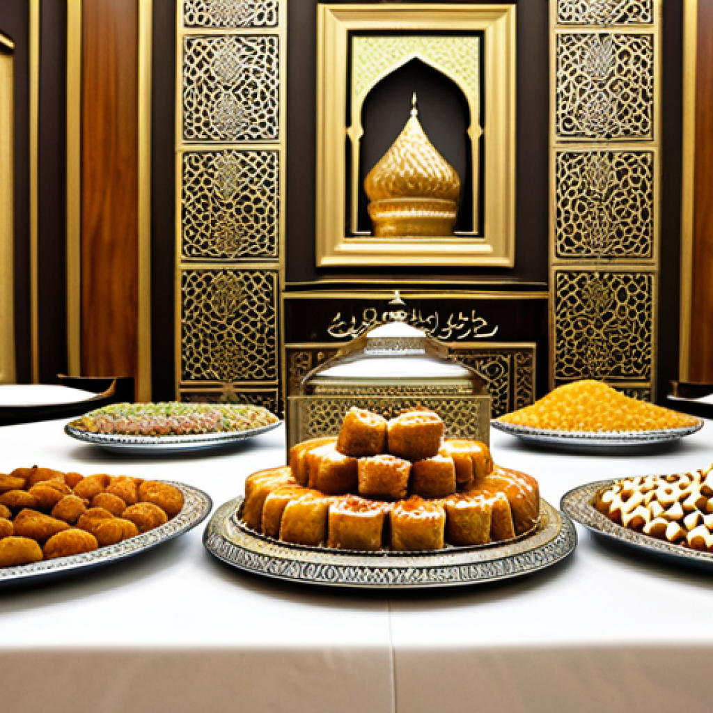 Royal Sweets Display**
"A beautifully arranged display of Middle Eastern royal sweets, including dates, baklava, and knafeh, on a silver platter. The sweets are decorated with nuts and drizzled with honey. Background: A luxurious dining room with Arabic calligraphy on the walls. appropriate attire, safe for work, professional photography, perfect anatomy, natural proportions, high quality, family-friendly, fully clothed, modest clothing, appropriate content."
**