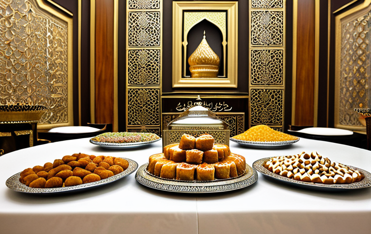 Royal Sweets Display**

"A beautifully arranged display of Middle Eastern royal sweets, including dates, baklava, and knafeh, on a silver platter. The sweets are decorated with nuts and drizzled with honey. Background: A luxurious dining room with Arabic calligraphy on the walls. appropriate attire, safe for work, professional photography, perfect anatomy, natural proportions, high quality, family-friendly, fully clothed, modest clothing, appropriate content."

**