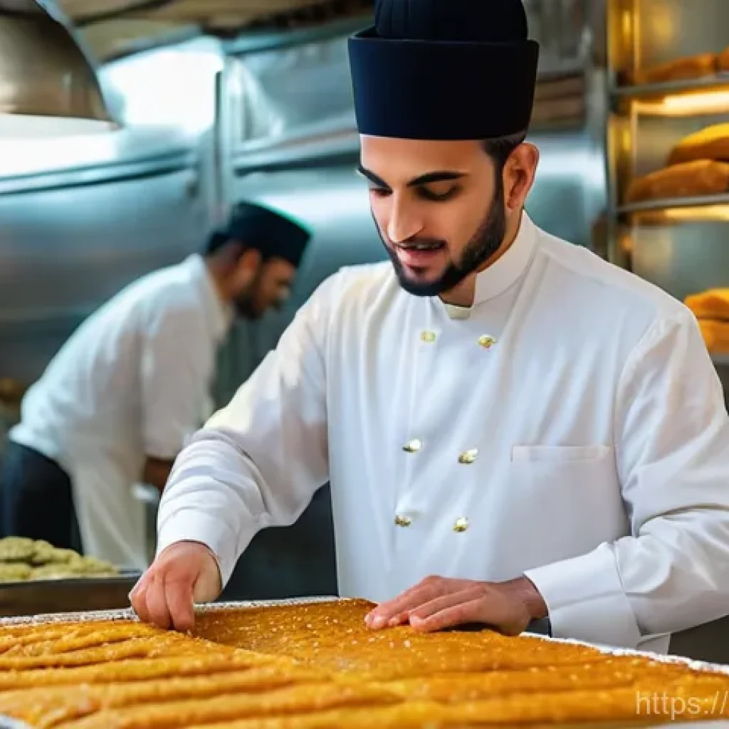 다과와 로컬푸드 - **A master artisan meticulously preparing traditional Baklava in a charming, warmly lit Middle Easte...