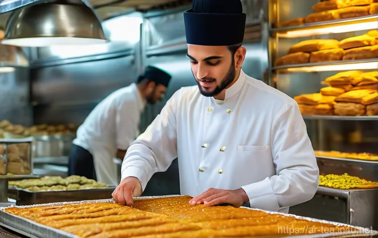 다과와 로컬푸드 - **A master artisan meticulously preparing traditional Baklava in a charming, warmly lit Middle Easte...