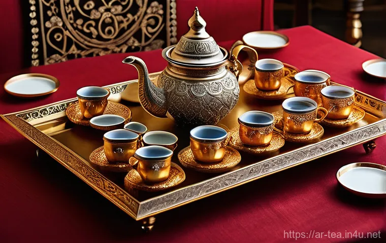 다과상 차림법 - **Prompt 1: Traditional Arabic Grandeur**
    "A meticulously arranged traditional Arabic hospitalit...
