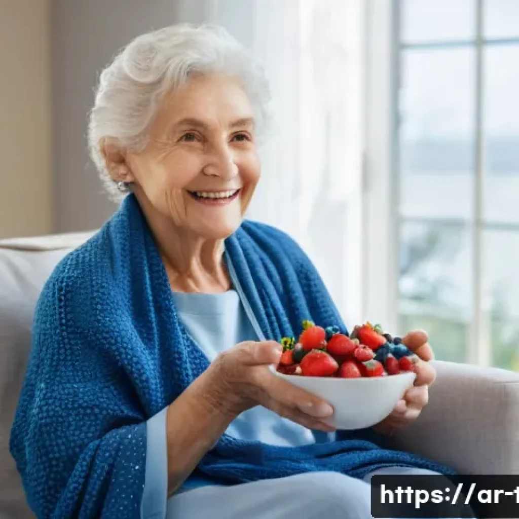 다과와 노인 건강 - **A vibrant elderly woman, with a warm, gentle smile, is seated comfortably in a sun-drenched living...