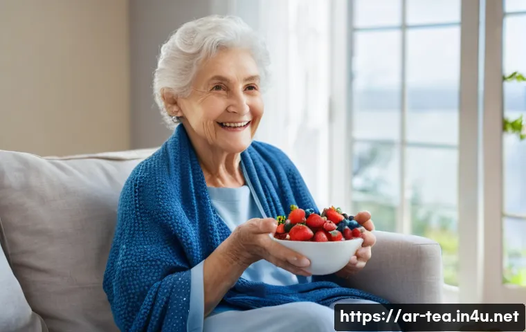 다과와 노인 건강 - **A vibrant elderly woman, with a warm, gentle smile, is seated comfortably in a sun-drenched living...