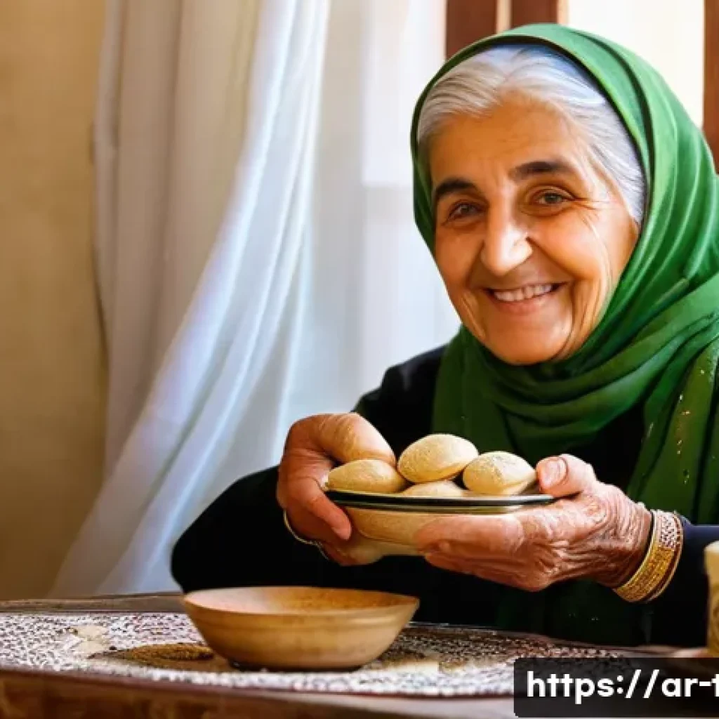전통 다과 명인 인터뷰 - A heartwarming scene inside a traditional, sun-drenched Arabic home. An elderly grandmother, with ge...