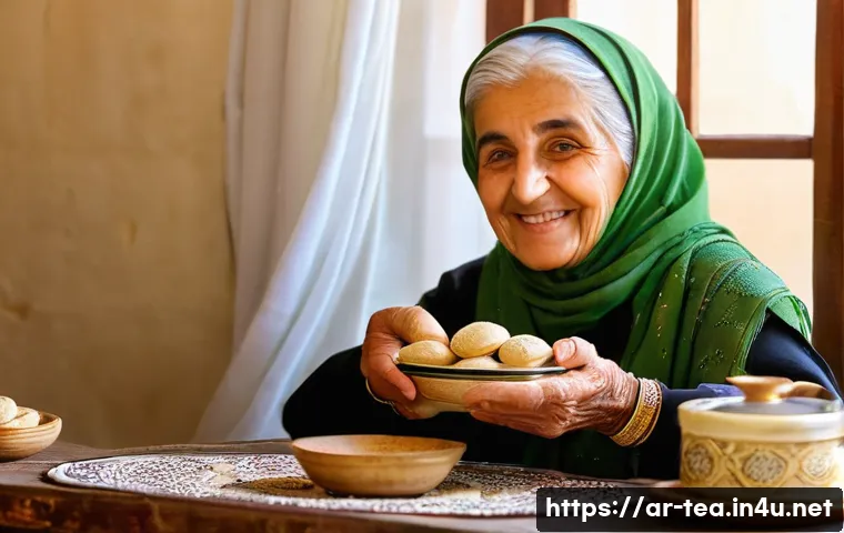 전통 다과 명인 인터뷰 - A heartwarming scene inside a traditional, sun-drenched Arabic home. An elderly grandmother, with ge...