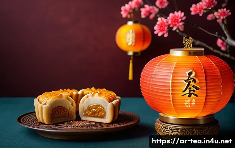 중국 다과 종류 - A traditional Chinese Mid-Autumn Festival scene featuring a beautifully arranged table with mooncake...