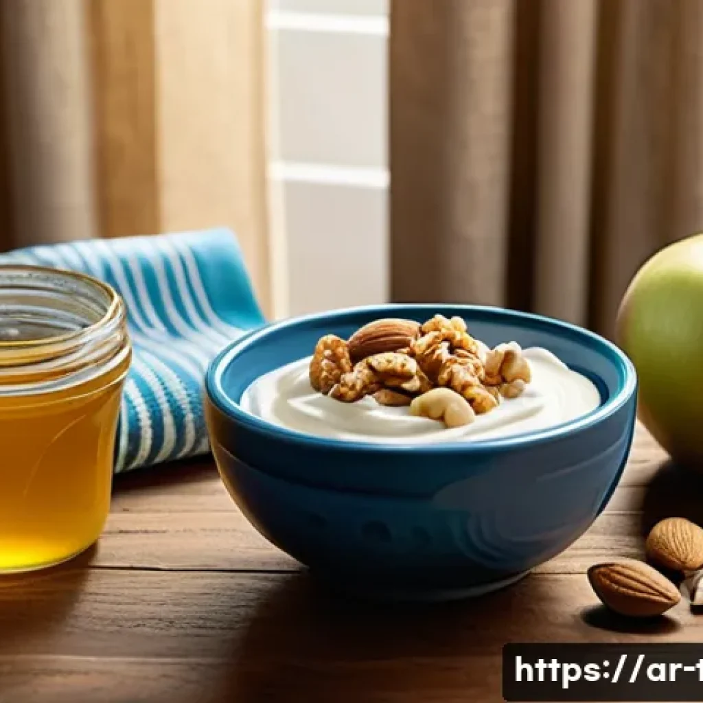 다과와 다이어트 - A vibrant Middle Eastern kitchen scene featuring a smart snack setup on a rustic wooden table: a bow...
