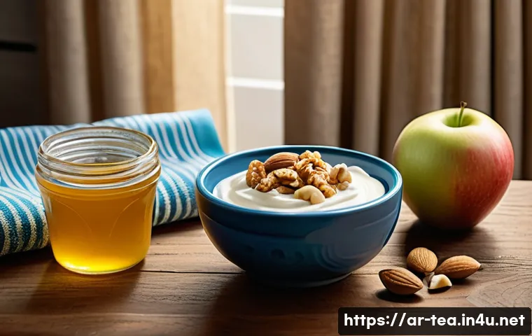 다과와 다이어트 - A vibrant Middle Eastern kitchen scene featuring a smart snack setup on a rustic wooden table: a bow...