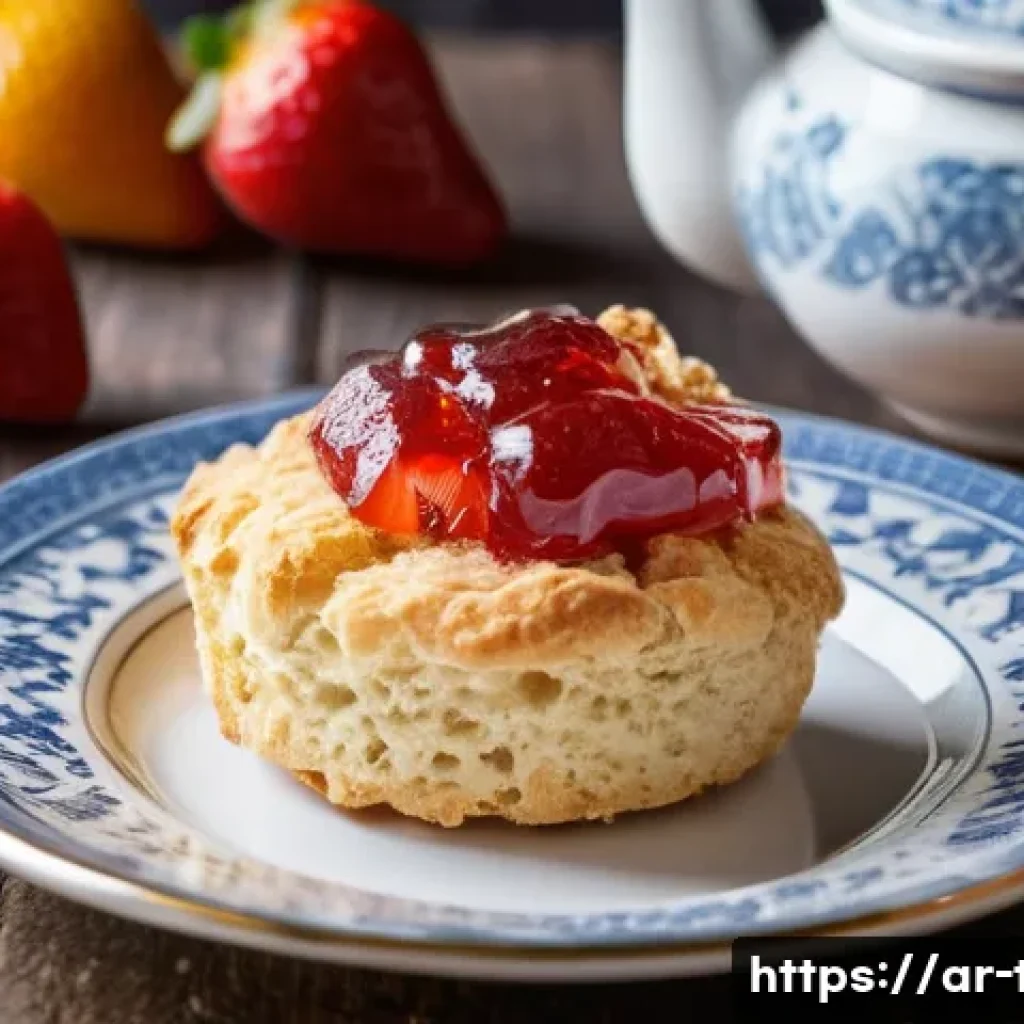 미국 스콘과 머핀 - A close-up view of a traditional scone resting on a delicate white porcelain plate, cut into elegant...