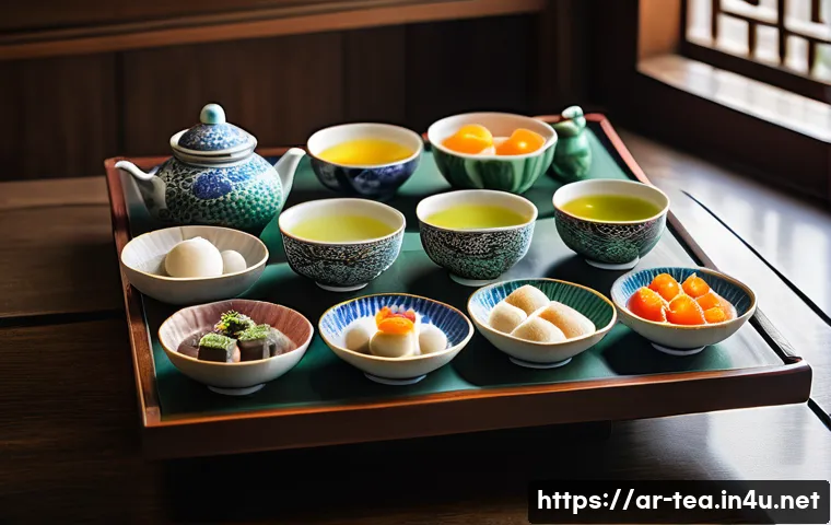다과와 인절미 - A beautifully arranged traditional Korean dessert table set for a family gathering, featuring delica...