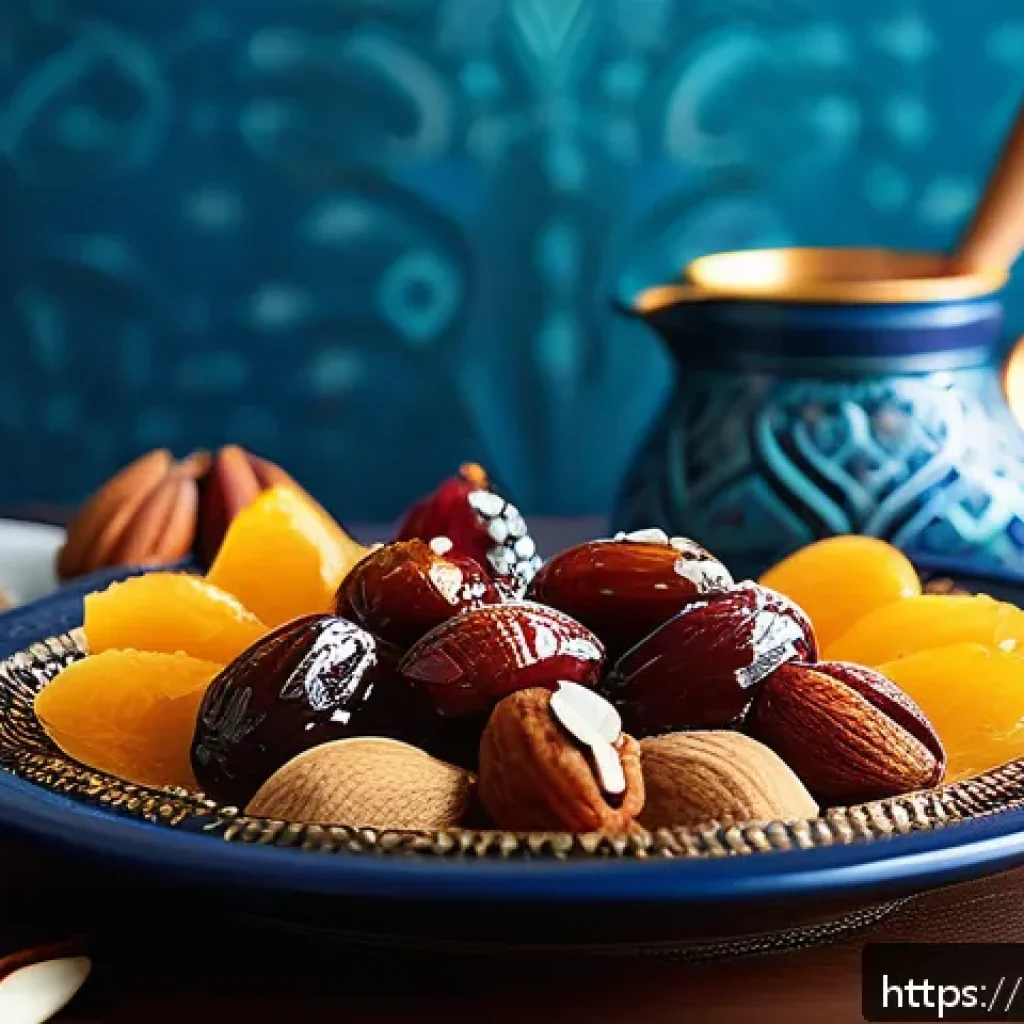 다과와 무설탕 디저트 - A beautifully arranged platter of traditional Middle Eastern healthy desserts featuring natural swee...