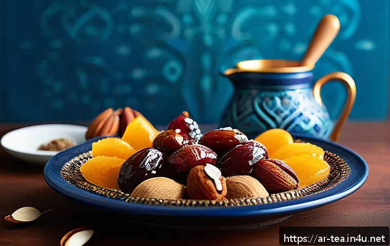 다과와 무설탕 디저트 - A beautifully arranged platter of traditional Middle Eastern healthy desserts featuring natural swee...