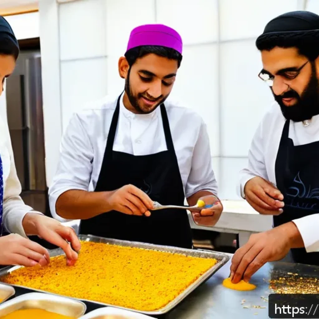 다과와 베이킹 원데이 클래스 - A vibrant Middle Eastern dessert workshop scene featuring a diverse group of adults and teenagers in...