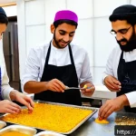 다과와 베이킹 원데이 클래스 - A vibrant Middle Eastern dessert workshop scene featuring a diverse group of adults and teenagers in...