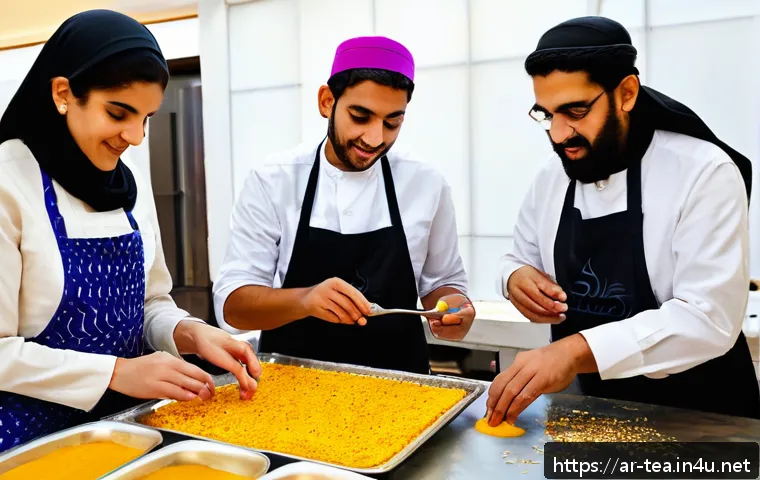 다과와 베이킹 원데이 클래스 - A vibrant Middle Eastern dessert workshop scene featuring a diverse group of adults and teenagers in...