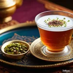 다과와 차 궁합 - A cozy traditional Middle Eastern setting showcasing a steaming cup of black tea infused with cardam...