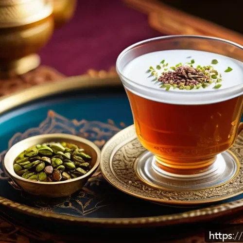 다과와 차 궁합 - A cozy traditional Middle Eastern setting showcasing a steaming cup of black tea infused with cardam...