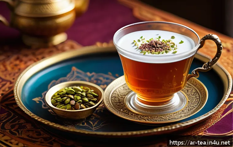 다과와 차 궁합 - A cozy traditional Middle Eastern setting showcasing a steaming cup of black tea infused with cardam...