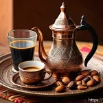 다과와 키친웨어 추천 - A traditional Arabic coffee setup on a rustic wooden table featuring a polished copper dallah (Arabi...