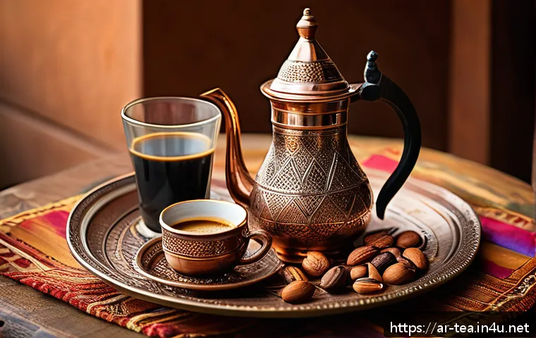 다과와 키친웨어 추천 - A traditional Arabic coffee setup on a rustic wooden table featuring a polished copper dallah (Arabi...