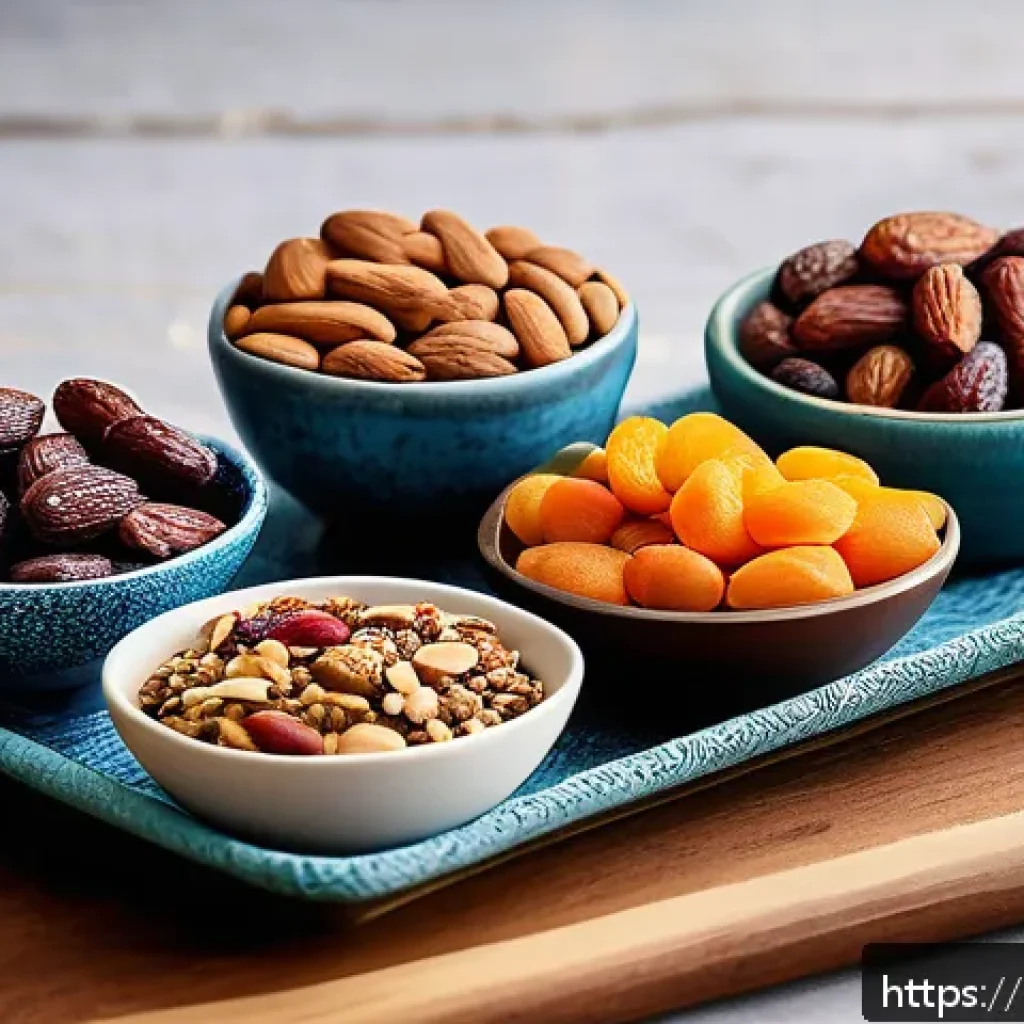 다과와 건강 - A vibrant and inviting Middle Eastern-inspired snack table featuring small bowls of mixed nuts inclu...