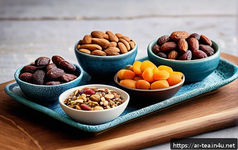 다과와 건강 - A vibrant and inviting Middle Eastern-inspired snack table featuring small bowls of mixed nuts inclu...