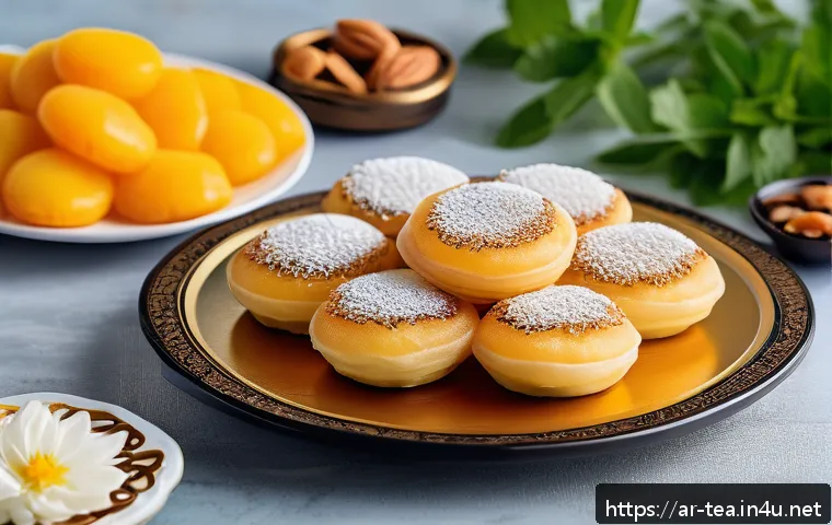 다과와 쿠키 종류 - An elegant Arabic dessert table setting featuring a variety of traditional sweets like kunafa, qatay...