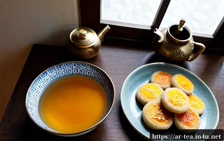 한국 전통 다과 - Photorealistic overhead still life of traditional Korean tea snacks arranged on a warm wooden table:...