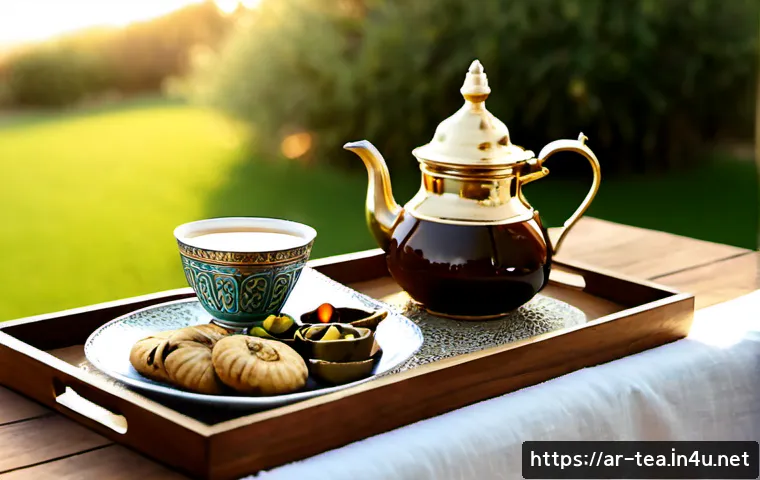 Home 17 다과와 다기 조합 - Photorealistic elegant Arabic hospitality tea setting, polished brass dallah coffee pot beside a cle...