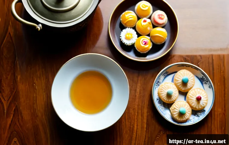 다과와 다식 차이 - Photorealistic overhead comparison scene on a warm wooden table: left side a Korean-style tea servic...