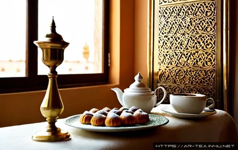 다과와 수플레 - Photorealistic elegant Arabic afternoon tea table, a tall golden soufflé dusted with powdered sugar ...