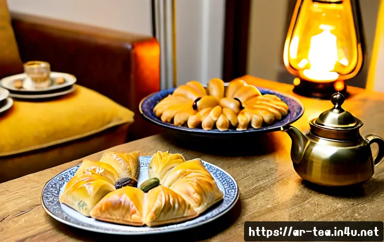 다과와 홈파티 - Photorealistic elegant Arabic home party table with neatly arranged dates, baklava, maamoul cookies,...