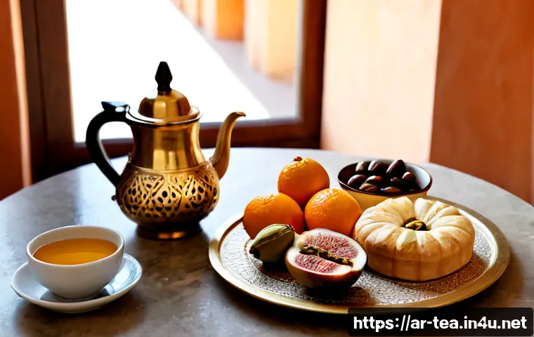 다과와 힐링푸드 - Photorealistic elegant Arabic afternoon tea scene, a polished brass dallah with small handleless cof...